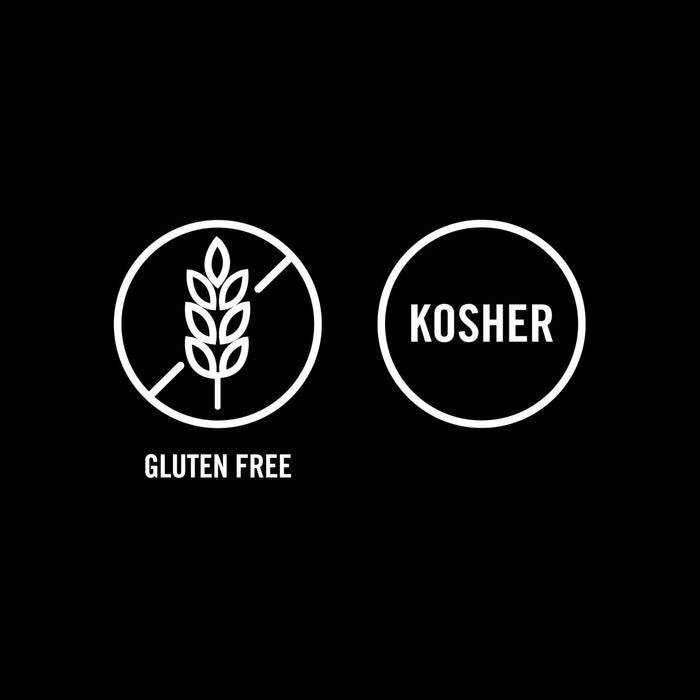 The image displays the gluten-free and kosher symbols, indicating the product meets these dietary standards.