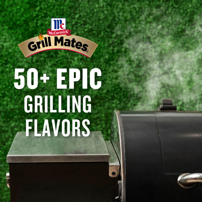 A McCormick Grill Mates advertisement showcases the brands 50+ epic grilling flavors featuring a close-up of a black grill with smoke rising against a green background.