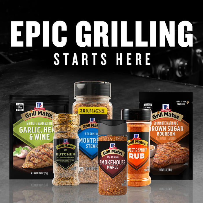 A variety of McCormick Grill Mates seasonings are displayed under the text Epic Grilling Starts Here.