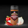 A bottle of McCormick Grill Mates Smokehouse Maple seasoning is displayed with a red bell pepper, chili pepper, salt, onion, and garlic clove.