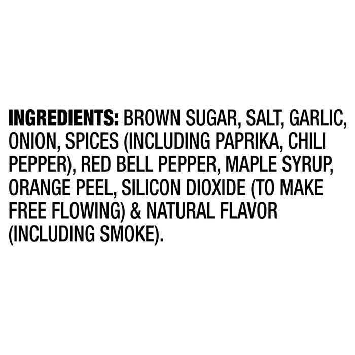 A list of ingredients for a product including brown sugar salt garlic onion spices red bell pepper maple syrup orange peel silicon dioxide and natural flavor.