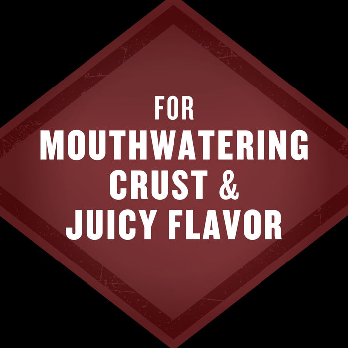 A maroon diamond shape with the words For Mouthwatering Crust &amp; Juicy Flavor in white text.