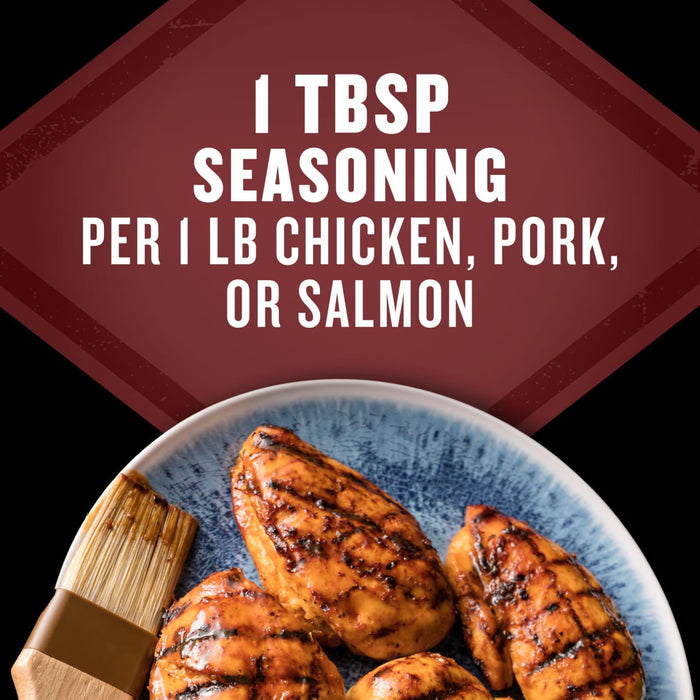 This image shows grilled chicken pork or salmon with the text 1 TBSP seasoning per 1 lb chicken pork or salmon.