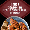 This image shows grilled chicken pork or salmon with the text 1 TBSP seasoning per 1 lb chicken pork or salmon.