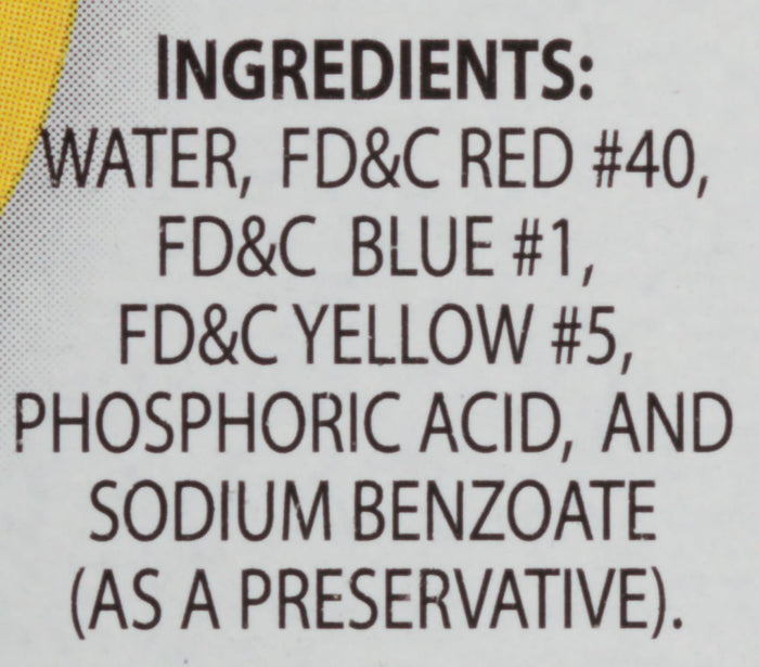 The ingredients for the product are water FD&amp;C Red #40 FD&amp;C Blue #1 FD&amp;C Yellow #5 phosphoric acid and sodium benzoate (as a preservative).