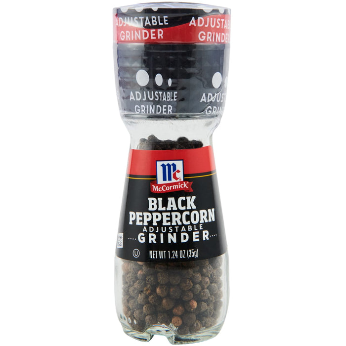 A McCormick Black Peppercorn Adjustable Grinder with black peppercorns inside.