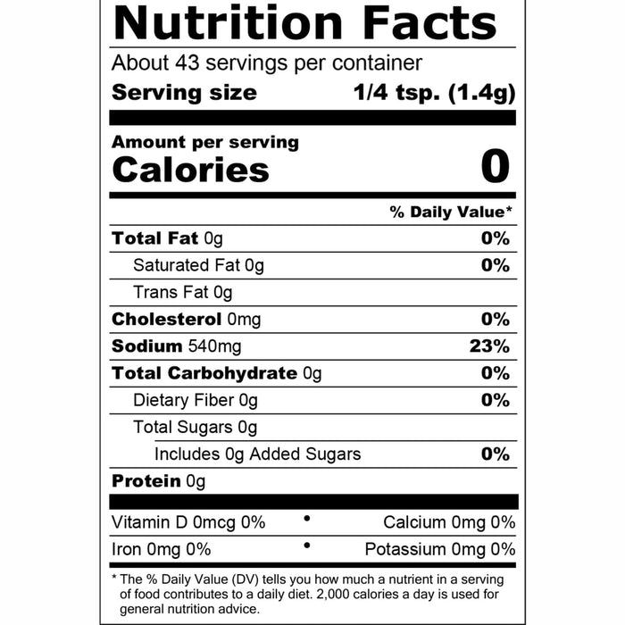 A nutrition facts infographic for Mccormick Salt Sea 2.12 Oz showing zero calories and 540 milligrams of sodium per serving.