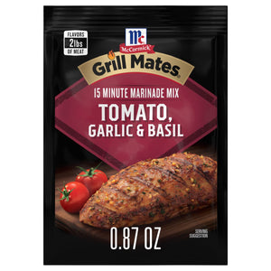 A packet of McCormick Grill Mates 15 Minute Marinade Mix in Tomato, Garlic &amp; Basil flavor.