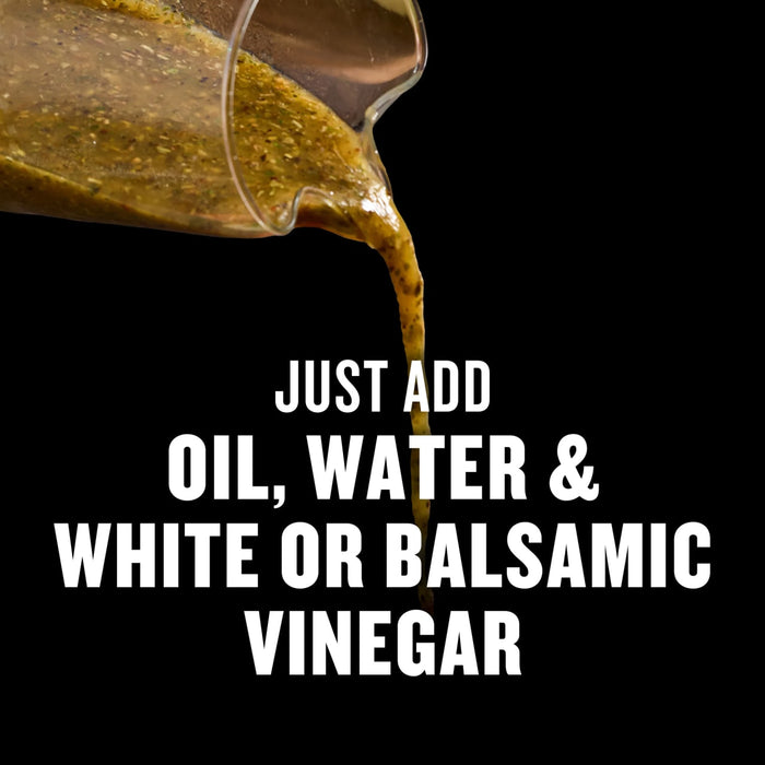 A liquid is being poured from a glass container, with text that reads Just add oil, water &amp; white or balsamic vinegar.