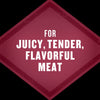 The image promotes juicy, tender, and flavorful meat.