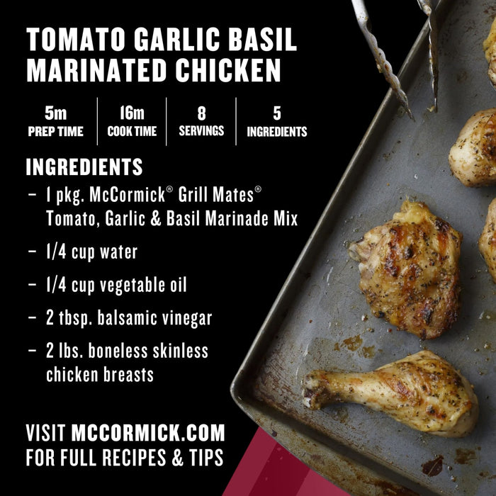 McCormick's Tomato Garlic Basil Marinated Chicken recipe with preparation and cook times, servings, and ingredients listed.