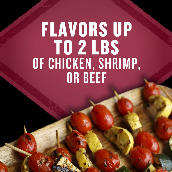 The image promotes flavors for up to 2 lbs of chicken, shrimp, or beef, displayed with grilled skewers of tomatoes and squash.