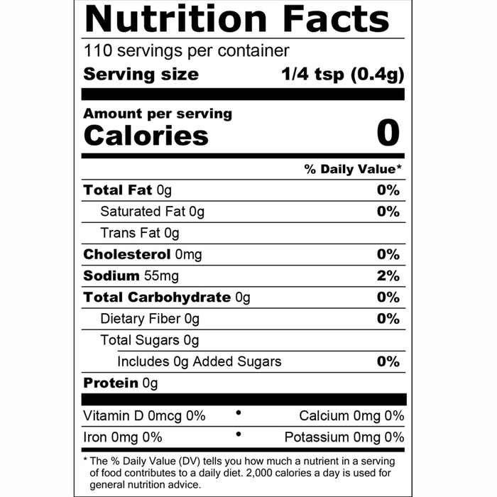 A detailed Nutrition Facts infographic for Mccormick Garlic Salt Sea 1.58 Oz showing zero calories and 55mg of sodium per serving.
