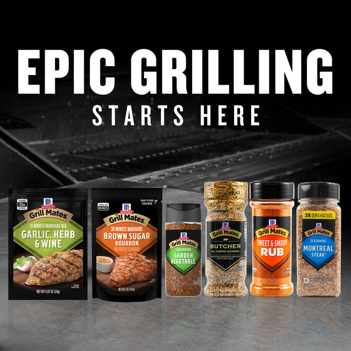 A variety of Grill Mates seasonings and marinades are displayed under the text Epic Grilling Starts Here.