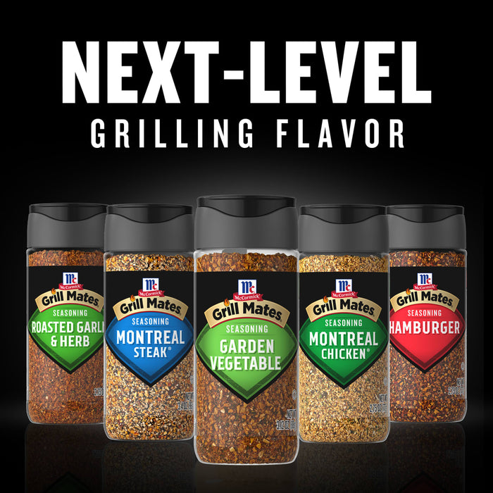 Five bottles of McCormick Grill Mates seasonings are displayed with the text Next-Level Grilling Flavor above them.