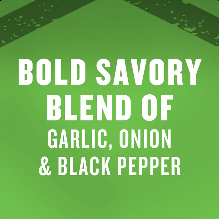 The image displays the text BOLD SAVORY BLEND OF GARLIC ONION &amp; BLACK PEPPER in white against a green background highlighting the key ingredients of a seasoning blend.