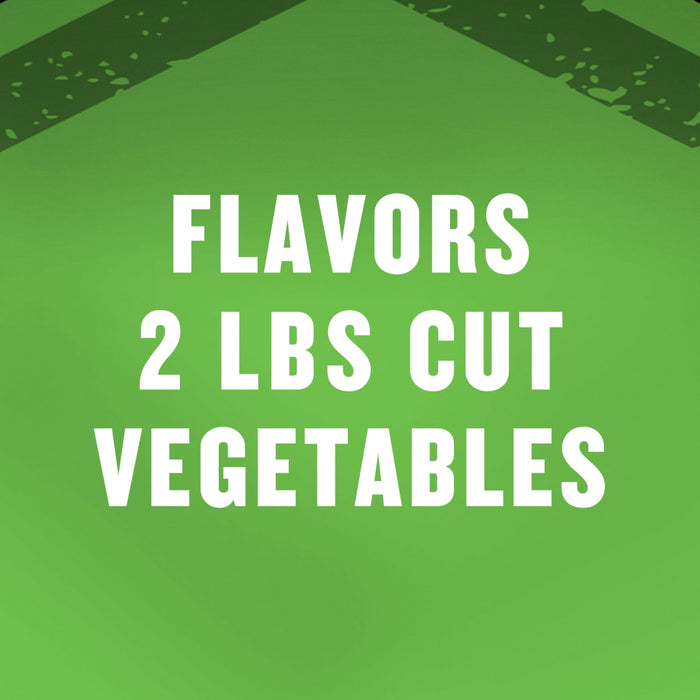 A green background with the words Flavors 2 LBS Cut Vegetables in white text.