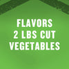 A green background with the words Flavors 2 LBS Cut Vegetables in white text.