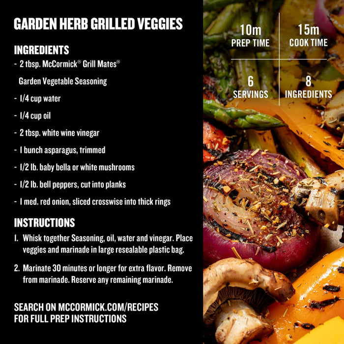 A recipe image for Garden Herb Grilled Veggies featuring McCormick Grill Mates Garden Vegetable Seasoning along with preparation and cooking times servings and ingredient count.