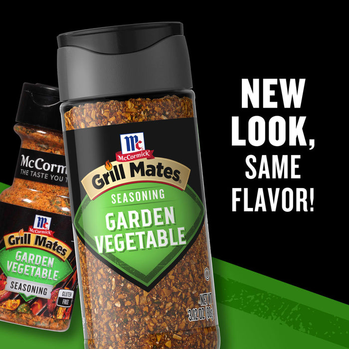 Two bottles of McCormick Grill Mates Garden Vegetable seasoning are shown with the text New Look Same Flavor!