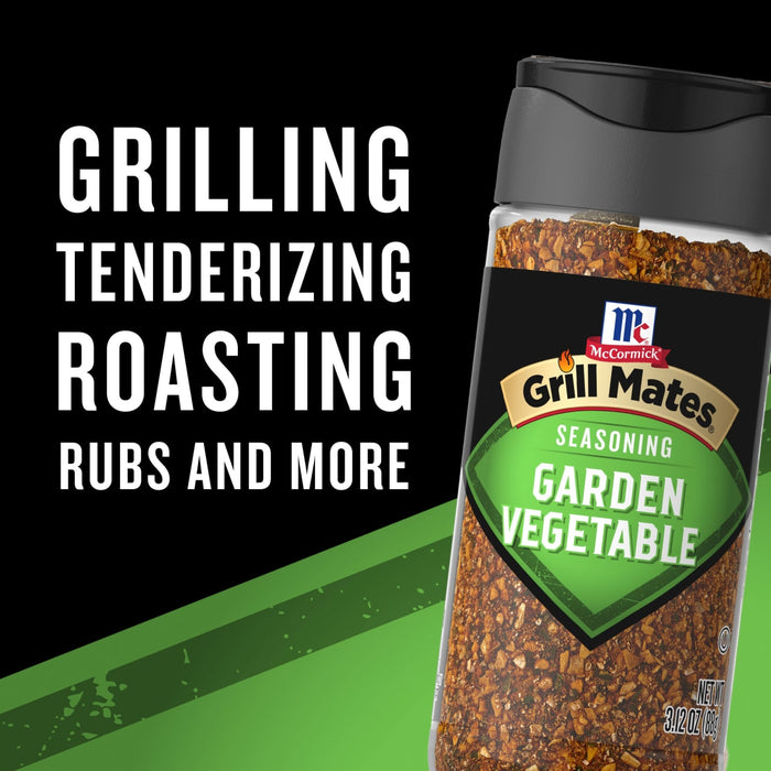 A bottle of McCormick Grill Mates Garden Vegetable Seasoning is displayed with text that reads Grilling Tenderizing Roasting Rubs and More.