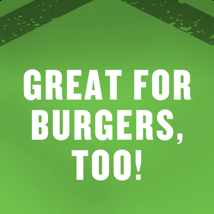 A green background with the text Great for burgers too! in white.
