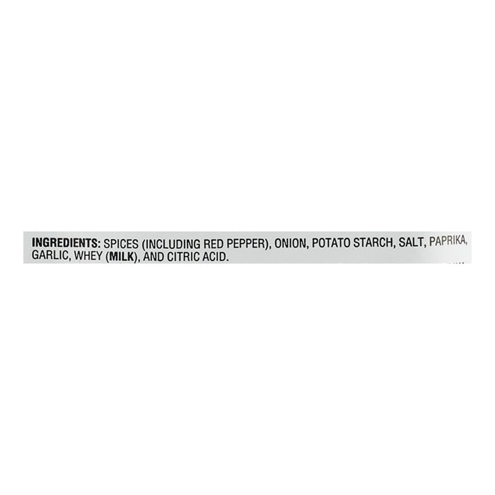 A list of ingredients for a product including spices onion potato starch salt paprika garlic whey (milk) and citric acid.