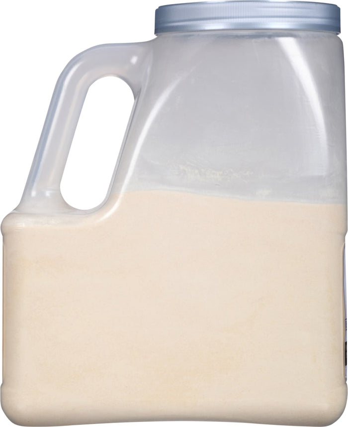 A plastic jug filled with a white powder.