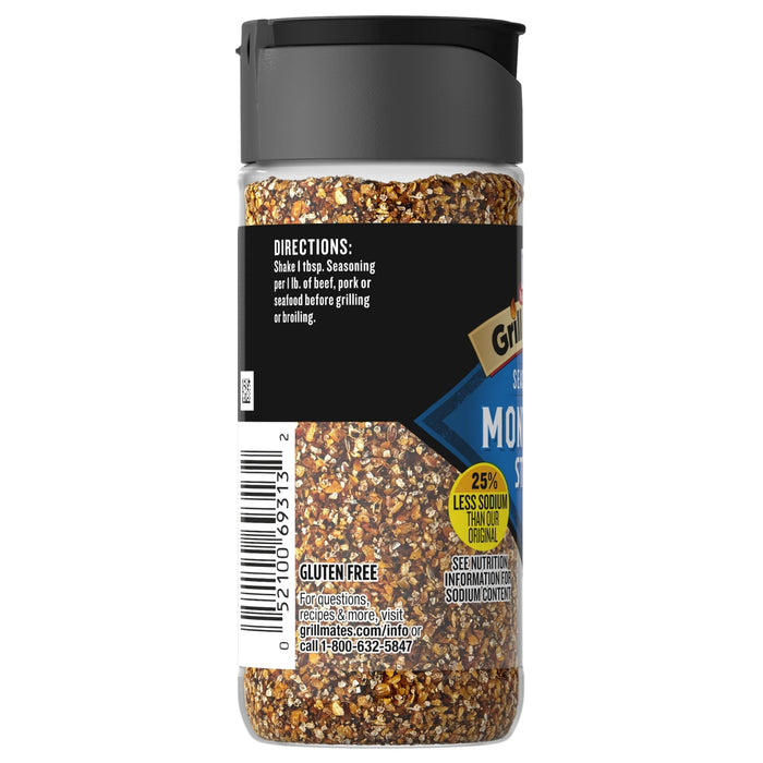 A bottle of Grill Mates Montreal Steak Seasoning with a black lid and a label that says 25% less sodium than our original.