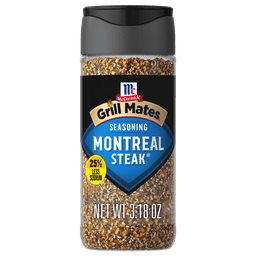 A bottle of McCormick Grill Mates Montreal Steak Seasoning with 25% less sodium.