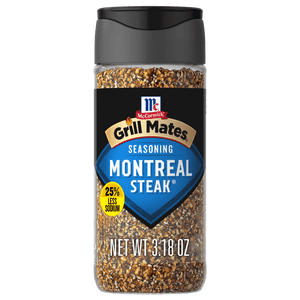A bottle of McCormick Grill Mates Montreal Steak Seasoning with 25% less sodium.