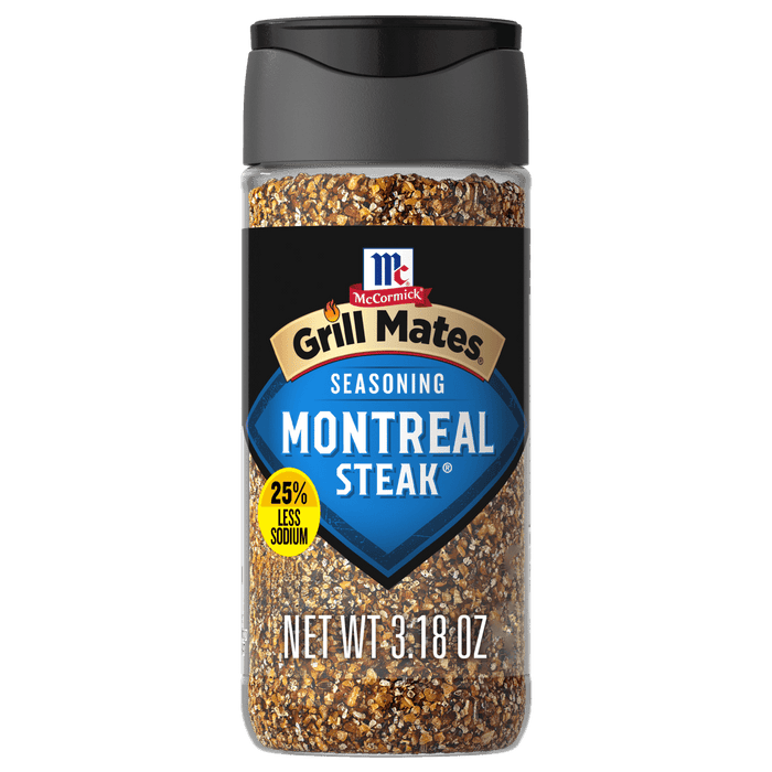 A bottle of McCormick Grill Mates Montreal Steak Seasoning with 25% less sodium.