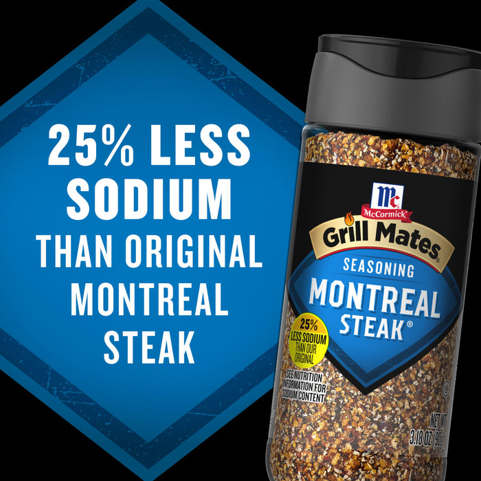 A container of McCormick Grill Mates Montreal Steak Seasoning, which boasts 25% less sodium than the original.