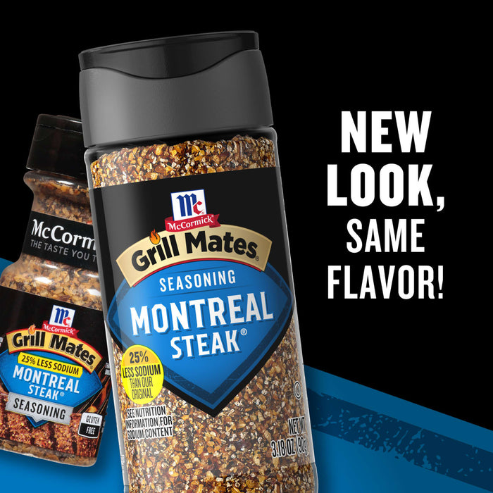 This image features two McCormick Grill Mates Montreal Steak seasoning containers highlighting the new look with the same flavor.