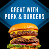 A double cheeseburger with lettuce, tomato, and onion is featured with the text Great with Pork &amp; Burgers.