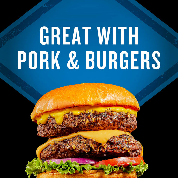 A double cheeseburger with lettuce, tomato, and onion is featured with the text Great with Pork &amp; Burgers.