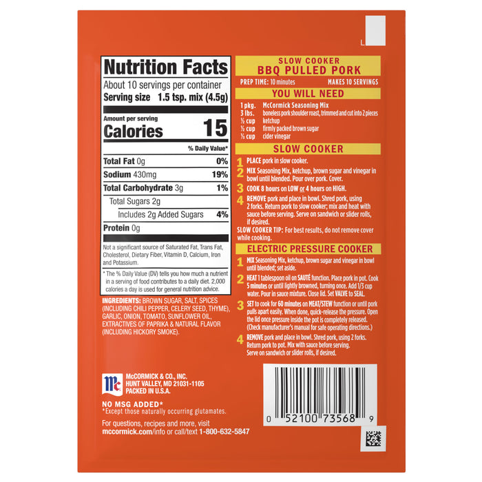 McCormick BBQ Pulled Pork Seasoning Mix package with nutrition facts and directions for slow cooker and Instant Pot.
