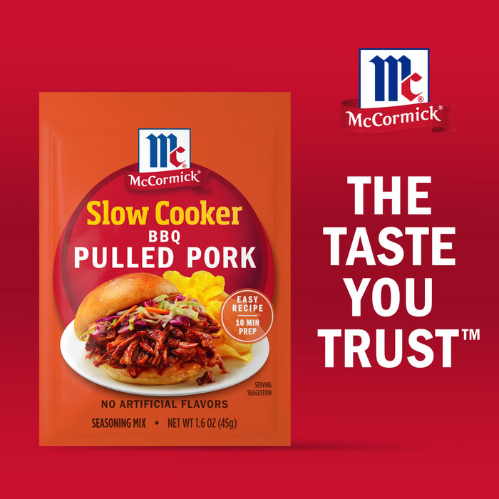 McCormick Slow Cooker Pulled Pork seasoning mix package features a sandwich with pulled pork and coleslaw.