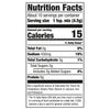 Nutrition facts label for a product with 15 calories per serving.