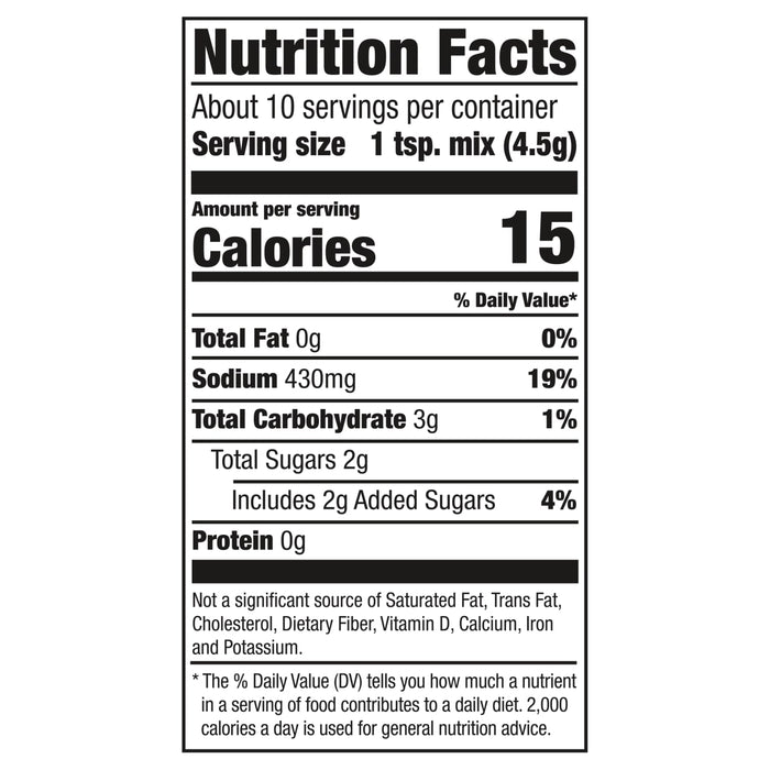 Nutrition facts label for a product with 15 calories per serving.