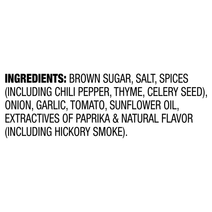 Ingredients for a product include brown sugar, salt, spices, onion, garlic, tomato, sunflower oil, paprika, and natural flavor.