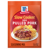 A packet of McCormick Slow Cooker BBQ Pulled Pork seasoning mix is displayed.