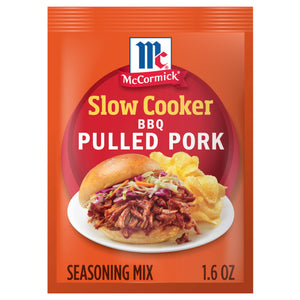 A packet of McCormick Slow Cooker BBQ Pulled Pork seasoning mix is displayed.