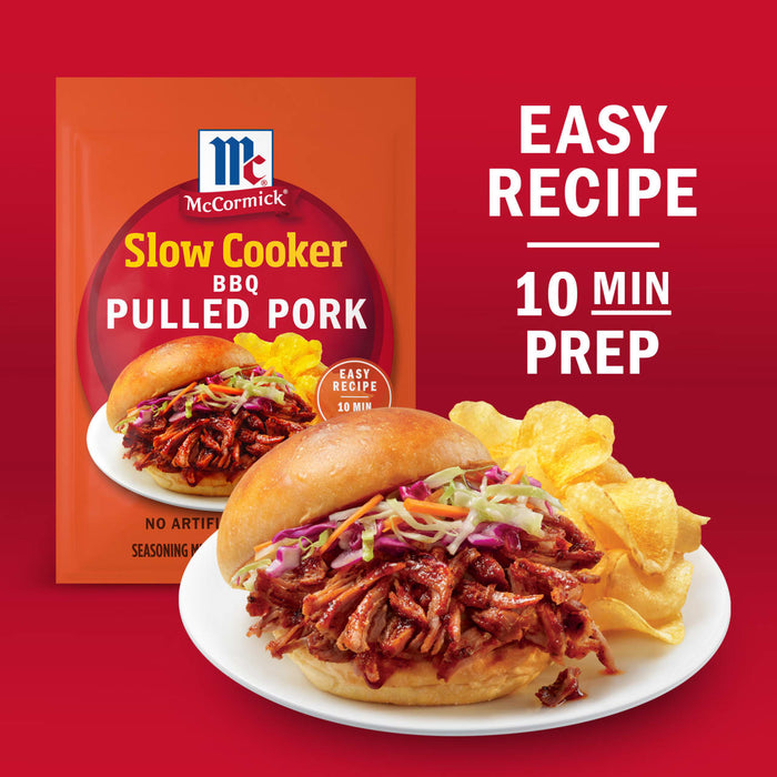 McCormick Slow Cooker BBQ Pulled Pork seasoning mix packet is displayed next to a pulled pork sandwich and chips, highlighting the easy recipe with 10-minute prep time.
