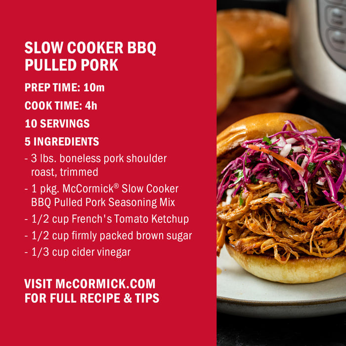 A McCormick Slow Cooker BBQ Pulled Pork recipe is shown with a sandwich topped with pulled pork and coleslaw.