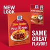 This image showcases the new packaging for McCormick Slow Cooker BBQ Pulled Pork seasoning mix, emphasizing that it retains the same flavor as the previous version.