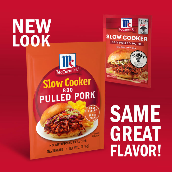 This image showcases the new packaging for McCormick Slow Cooker BBQ Pulled Pork seasoning mix, emphasizing that it retains the same flavor as the previous version.