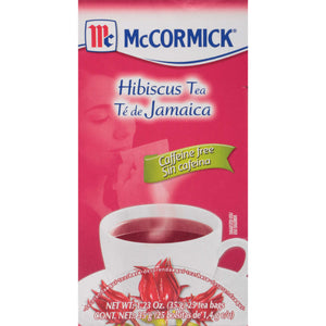 A box of McCormick Hibiscus Tea caffeine free.