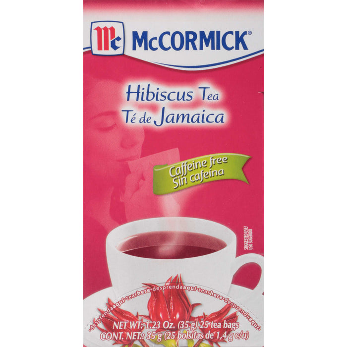 A box of McCormick Hibiscus Tea caffeine free.