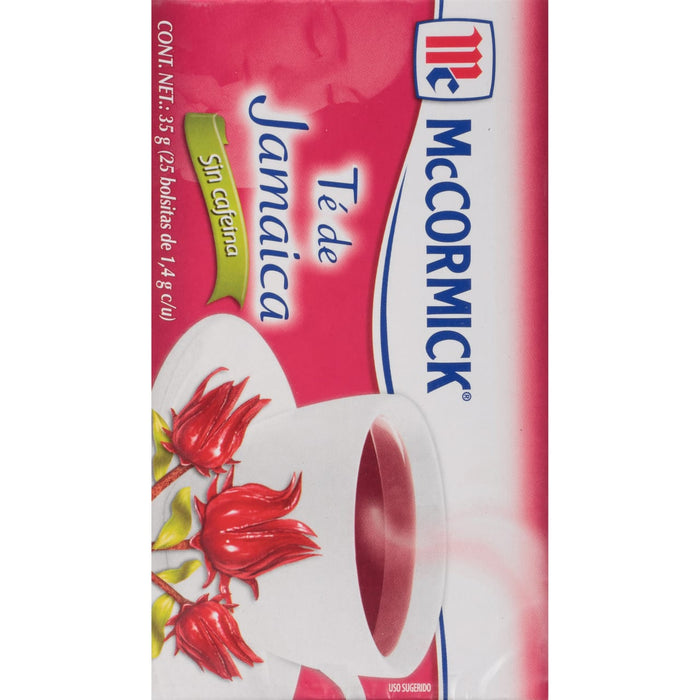 McCormick Tea of Jamaica a box of tea bags with a red hibiscus flower illustration.